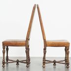 Set Van 2 Antieke Houten En Schapenleren Eetkamerstoelen Met Een Mooi Patina Uit Begin 1900 thumbnail 4