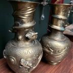 Paar Antieke Chinese Vazen. Massief Brons. thumbnail 2