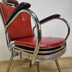 Vintage Verstelbare Kappersstoel / Barbier Stoel (Rood Skai, Nepleer) 60S  / Buizenframe Bauhaus J thumbnail 10