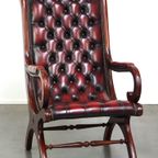 Donker Rode Gevlamde Engelse Chesterfield Fauteuil Van Rundleer En Hout, Victoriaans Model thumbnail 2