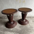 Set Van 2 Houten Art Nouveau Tafels Met Gewoven Tafelblad thumbnail 2