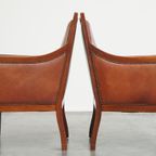 Statige, Luxe Set Van 2 Cognac Kleurige Rundlederen Art Deco Design Fauteuils thumbnail 5