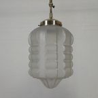 Art Deco Hanglamp Met Mat Glazen Kap En Messing Armatuur, Jaren 30 thumbnail 6