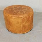 Vintage Leren Cognac Poef Ottoman, Rond thumbnail 5