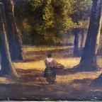 Antiek Schilderij Vrouw Op Bospad Olieverf Op Doek, 19e Eeuw thumbnail 6