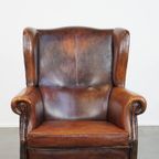 Grote, Zeer Comfortabele Vintage Schapenleren Oorfauteuil Met Een Mooie Diepe Kleurencombinatie thumbnail 3