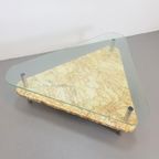 Vintage Traingel Brutalist Salontafel Marmer Glas Tafel '70 thumbnail 2