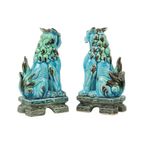 Koppel Vintage Chinese Komainu Guardian Lions Foo Dogs Blauw Aardewerk 20Cm thumbnail 8