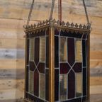 Antieke Hanglamp Koper Met Glas In Lood Opknapper thumbnail 8