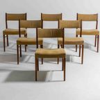 Set Van 6 Elegante Mid-century Eetkamerstoelen In Okergele Stof thumbnail 4