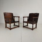 Pair Of English Antique Jacobean Monk Armchairs / Tables By F. Parker & Sons Ltd thumbnail 2