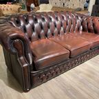 Engelse Chesterfield 3 Zits Bank Rood Bruin Gevlamd Leer High Back thumbnail 3