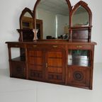 Zeldzaam 19e-eeuws Engels Arts & Crafts Eikenhouten Dressoir Van Pratt & Prince – Inlegwerk Met Zonnebloemmotie thumbnail 14