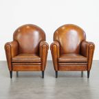 Set Van Twee Stoere Vintage Schapenleren Art Deco Stijl Design Fauteuils thumbnail 8