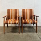 Tweetal Vintage Houten Fauteuils Met Gestreepte Stof, 1970’s thumbnail 5