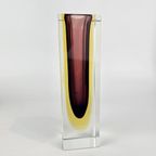 Vintage Glazen Vaas, Facet Geslepen, Rechthoekig. Roze, Geel En Kleurloos Murano Glas. Sommerso Vaas thumbnail 6