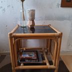Rotan/Rieten Bijzettafeltje Met Gerookte Donker Glas In Zeer Mooie Staat thumbnail 7