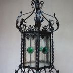 Antieke Smeedijzeren En Glas-In-Lood Lantaarn Hallamp, Frankrijk 1900 thumbnail 2