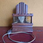 Vintage Wandlampje, Lamp, Lampje, Hout Met Amberkleurig Glas thumbnail 2