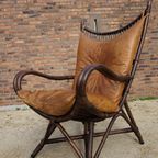 Vintage Rotan/Bamboe Lounge Chair Met Leren Kussens, Jaren 60, Togeschreven Aan Rohé Noordwolde thumbnail 3