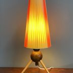 Table Lamp In Yellow And Red Ribbon, Wood Tripod Base 1950S thumbnail 4