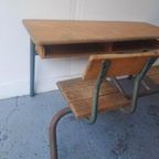 Vintage Stoere Industriële Schoolbank Uit Frankrijk. thumbnail 4