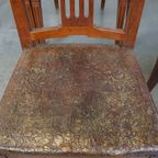 Unieke En Karaktervolle Set Van 6 Originele Antieke Hollandse Leren Eetkamerstoelen thumbnail 9
