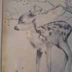 Vintage Schilderijtje Drukprent Achter Glas In Lijst Bambi Hertje thumbnail 2