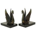 Franse Art Deco Zwaan Boekensteunen Marmeren Basis 1930 thumbnail 6