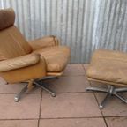 Mid-Century Vintage Cognac Leren Lounge Draai Fauteuil Met Voetenbank, Jaren 70 thumbnail 14