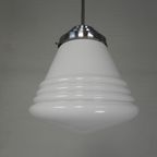 Art Deco Hanglamp Met Geribbelde Witte Bol, Jaren 30 thumbnail 4