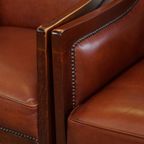 Statige, Luxe Set Van 2 Cognac Kleurige Rundlederen Art Deco Design Fauteuils thumbnail 11