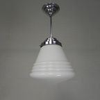 Art Deco Hanglamp Met Geribbelde Witte Bol, Jaren 30 thumbnail 3