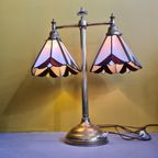 Oude Messing Bureau Lamp Met Glas In Lood. thumbnail 2