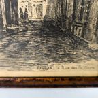 Gravure - België - 'Bruges La Rue Des Poitiers - Eiken Lijstje - Origineel - 19E Eeuw thumbnail 3