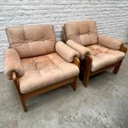 Vintage Fauteuil Of Loungestoel - Hout Met Licht Leer - 2X thumbnail 9