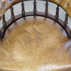 Antieke Engelse Rundleren Fauteuil/ Bureaustoel Gecombineerd Met Hout Op Originele Wieltjes Met E thumbnail 7