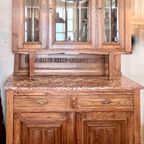 2Delig Antiek Eiken Buffetkast Met Facet Geslepen Glas En Marmer Blad, 213 Cm Hoog thumbnail 7