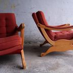 Pair Of Red Fabric And Wooden Club Chairs With Soft Lined Design. thumbnail 9