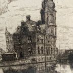 Antieke Ets, Munttoren Amsterdam, 36 X 27 Cm, Reliving thumbnail 3