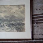 Antique Dutch Seascape Landscape Drawing By Pie Schmidt * 1920S * Framed thumbnail 5