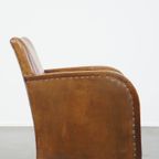 Unieke En Tijdloze Cognac-Kleurige Schapenleren En Houten Art Deco Design Fauteuil thumbnail 4