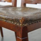 Unieke En Karaktervolle Set Van 6 Originele Antieke Hollandse Leren Eetkamerstoelen thumbnail 15
