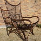 Vintage Rotan/Bamboe Lounge Chair Met Leren Kussens, Jaren 60, Togeschreven Aan Rohé Noordwolde thumbnail 11