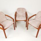 3 Vintage Deense Teakhouten Stoelen Roze Ribstof Nieuwe Stof thumbnail 3