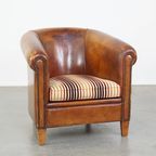 Karaktervolle, Vintage Cognac-Kleurige Clubfauteuil Gemaakt Van Schapenleer thumbnail 2
