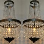 2 Stuks Vintage Kristallen Kroonluchters Hanglampen Brons Frame thumbnail 4