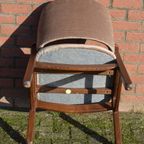 Retro Eiken Pynock Armstoel Beige Bruine Velours Bekleding thumbnail 9