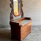 Antique Eastlake Victorian Carved Walnut Marble Top Dresser Chest Washstand With Mirror Vanity Bu thumbnail 2