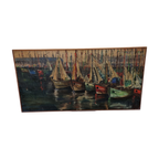 Vintage Frans Schilderij Met Boten In Haven, Jaren 50 thumbnail 3